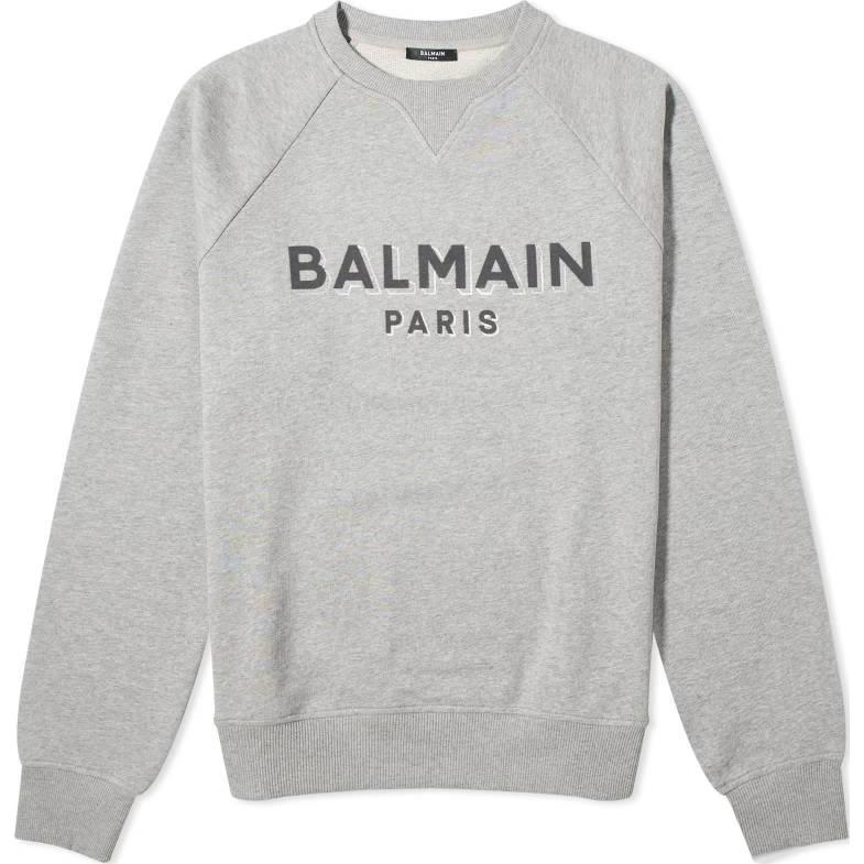 Balmain Grey Crewneck Raglan Sweatshirt with Logo Print CH1JQ005BB99-YFY