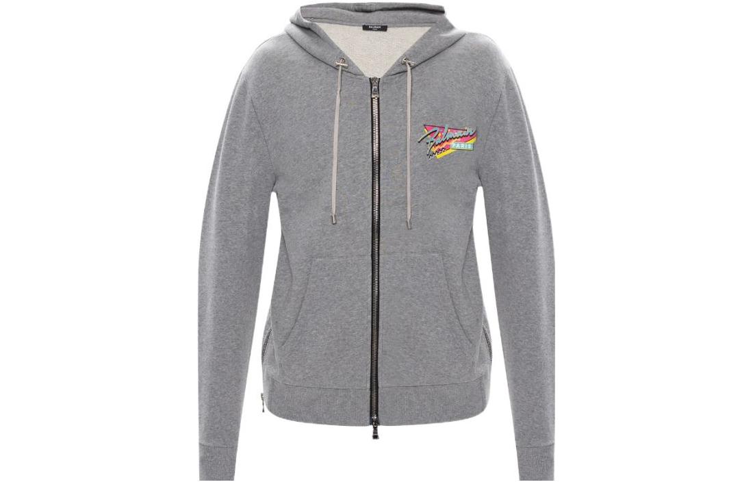 Balmain Grey Letter Logo Print Hooded Jacket VH1JR010-G040-9UB
