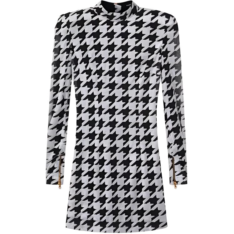 BALMAIN Houndstooth Long Sleeve Slim Fit Dress Black SS22 YF1R8162JD45EAB