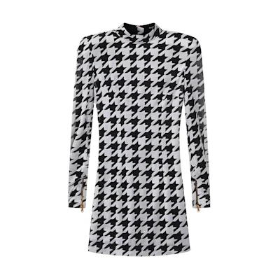BALMAIN Houndstooth Long Sleeve Slim Fit Dress Black SS22 YF1R8162JD45EAB