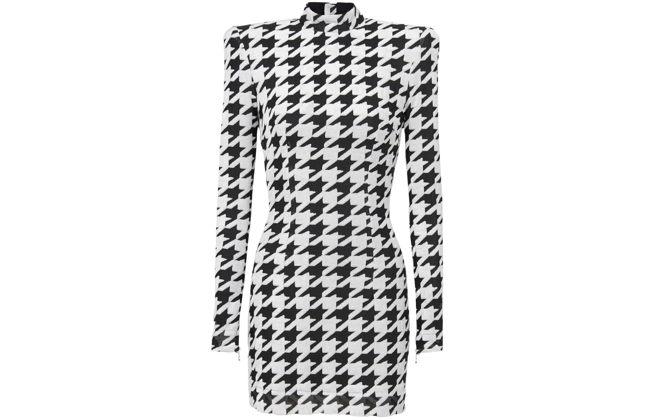 Order BALMAIN 千鳥格紋修身長袖連衣裙 黑色 SS22 YF1R8162JD45EAB