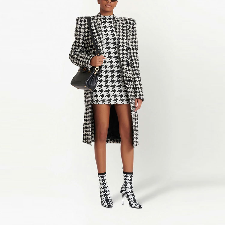 Lookbook BALMAIN 千鳥格紋修身長袖連衣裙 黑色 SS22 YF1R8162JD45EAB