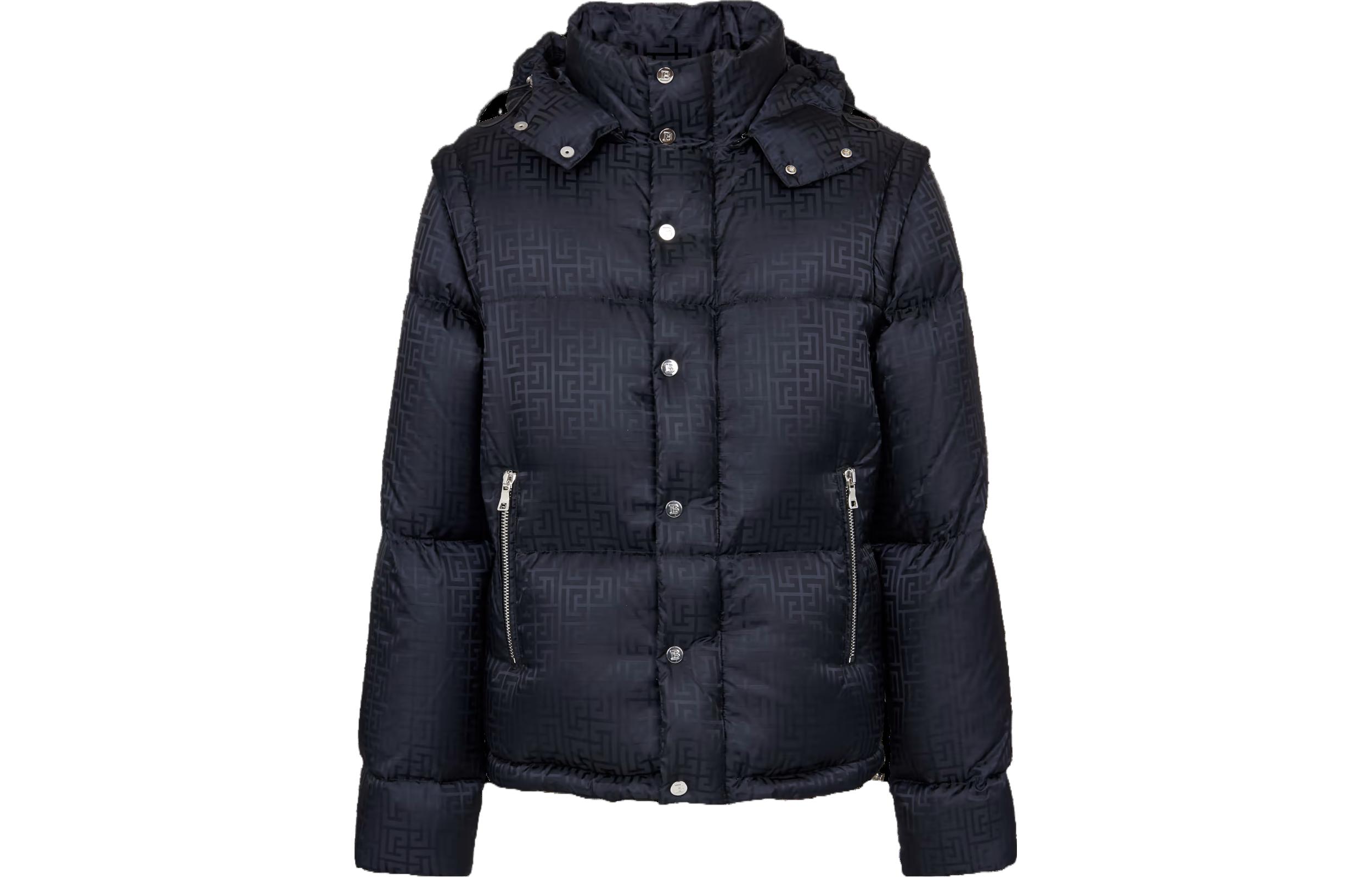 Balmain Jacquard Monogram Hooded Puffer Jacket Black BH1TP035XB11