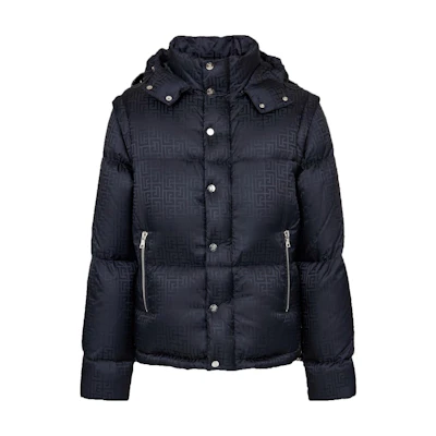 Balmain Jacquard Monogram Hooded Puffer Jacket Black BH1TP035XB11