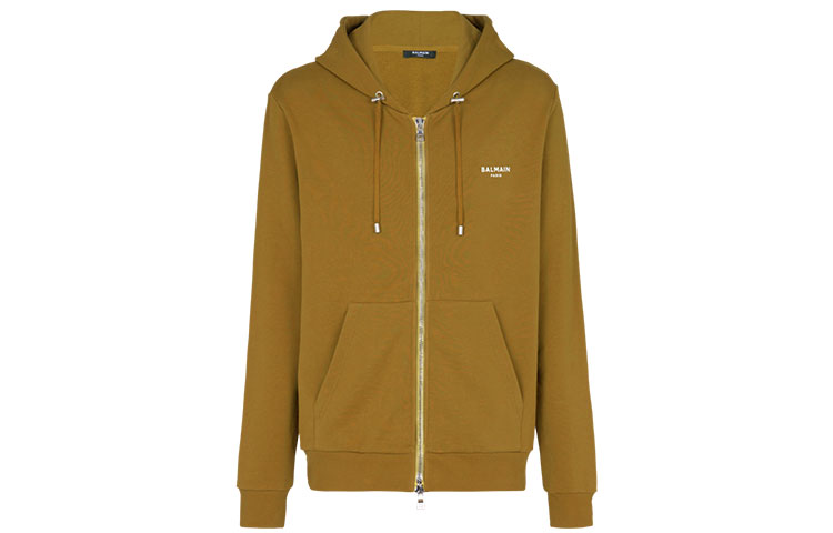 Balmain Khaki Solid Logo Print Hooded Zip-Up Jacket AH1JX000BB04-UDQ