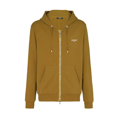 Balmain Khaki Solid Logo Print Hooded Zip-Up Jacket AH1JX000BB04-UDQ