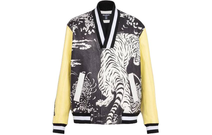 Balmain Leather Varsity Jacket Tiger Print V-Neck Loose-Fit Multicolor CH0TF685-PC25-EIE