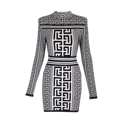 Balmain Letter Pattern High Neck Slim Fit Long Sleeve Mini Dress Multicolor BF1R8018-KE98-GGD
