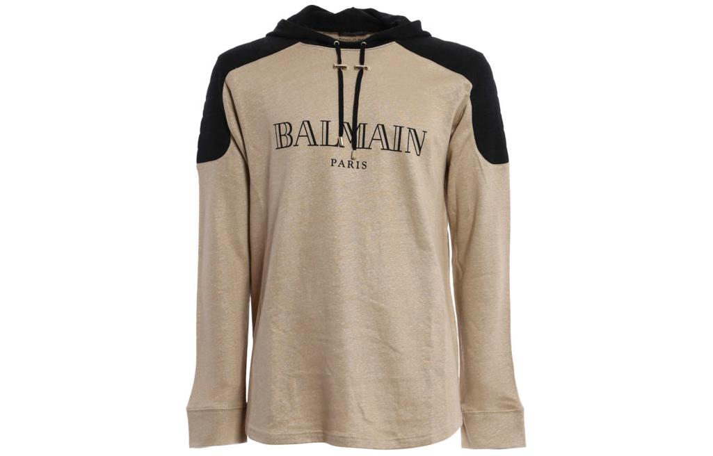 Balmain Letter Print Colorblock Hoodie Light Brown Pullover S6HJ612C223-107