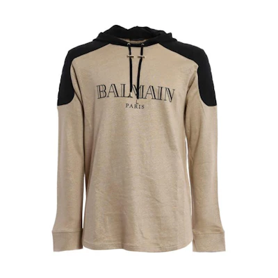 Balmain Letter Print Colorblock Hoodie Light Brown Pullover S6HJ612C223-107