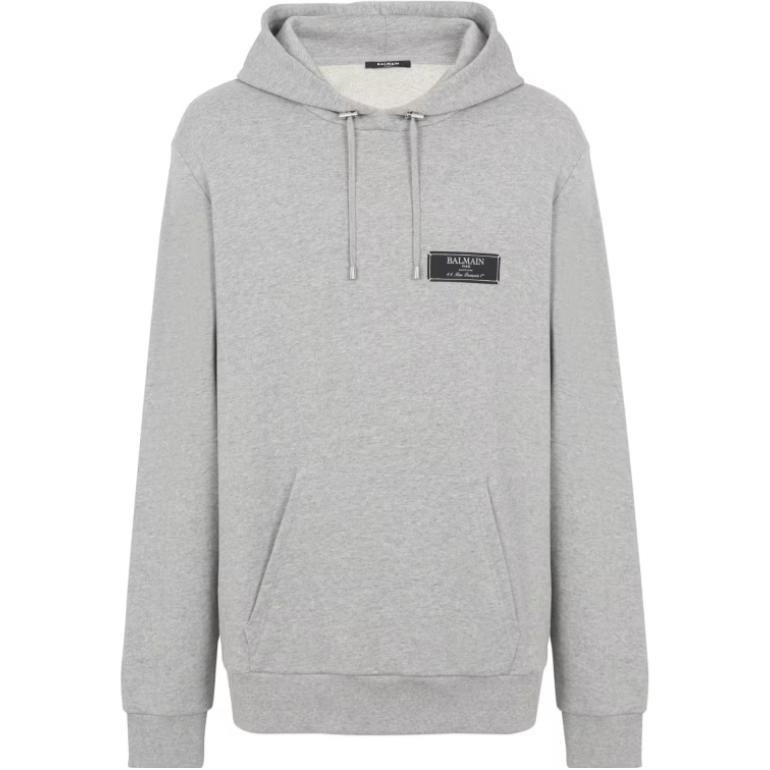 Balmain Logo Patch Oversized Gray Pullover Hoodie CH1JT047JH859UB