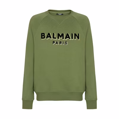 Balmain Logo Print Crewneck Pullover Long Sleeve Sweatshirt Green Men CH0JQ005-BB99-UHA