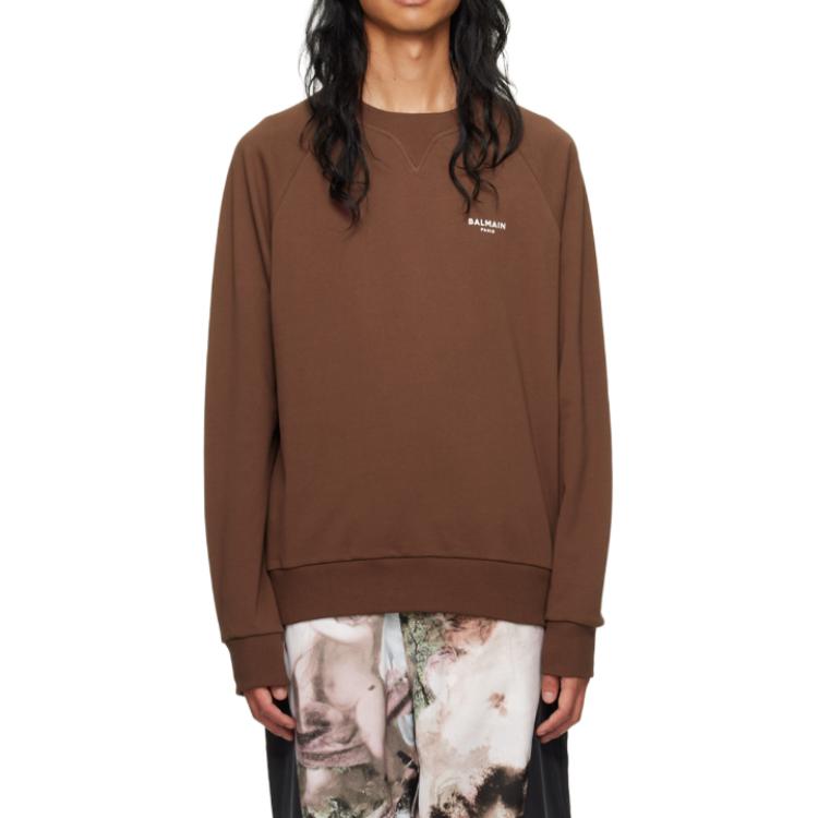 Balmain Logo Print Crewneck Sweatshirt Brown Long Sleeve AH0JQ005BB04-WCH