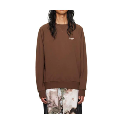 Balmain Logo Print Crewneck Sweatshirt Brown Long Sleeve AH0JQ005BB04-WCH