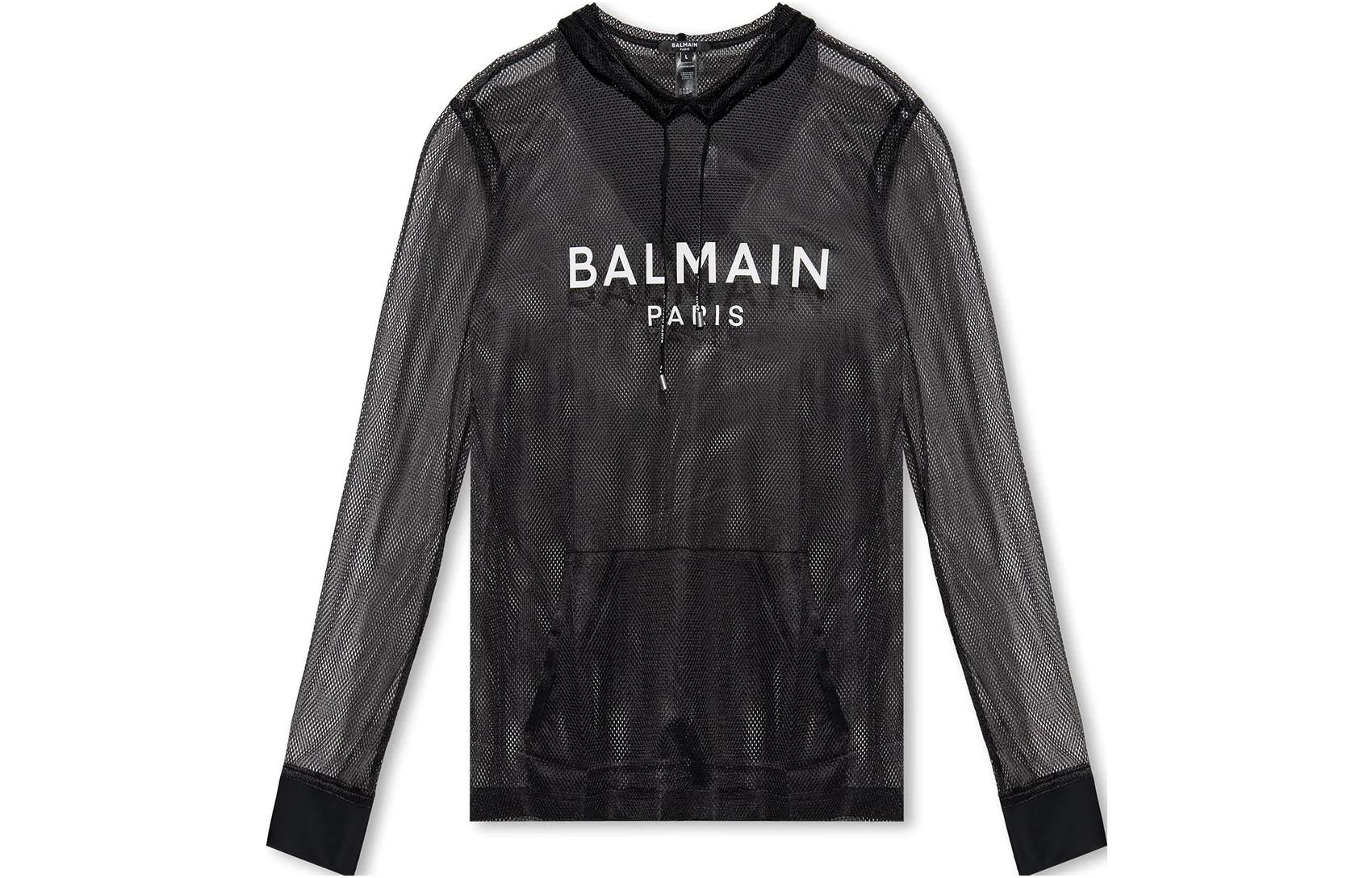 Balmain Logo Print Sheer Drawstring Hoodie Black BWMHE10900-010
