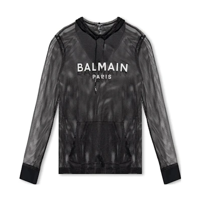 Balmain Logo Print Sheer Drawstring Hoodie Black BWMHE10900-010