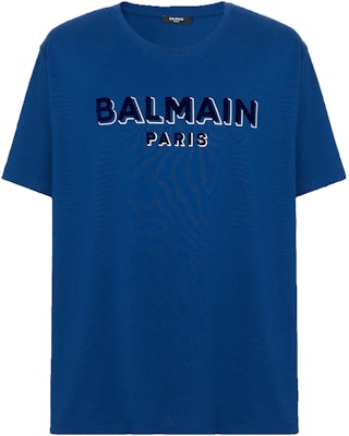 BALMAIN Metallic Flocked Loose-Fit Logo Print T-Shirt Navy Blue for Men CH1EG010-BB99-SLK Buy BALMAIN Metallic Flocked Loose-Fit Logo Print T-Shirt Navy Blue for Men CH1EG010-BB99-SLK