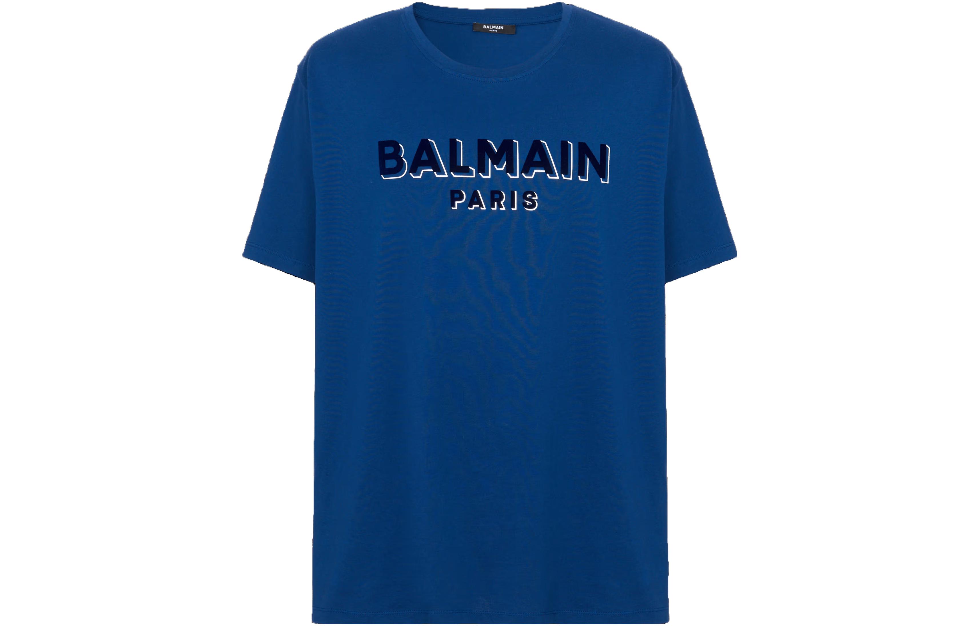 Order BALMAIN Metallic Flocked Loose-Fit Logo Print T-Shirt Navy Blue for Men CH1EG010-BB99-SLK