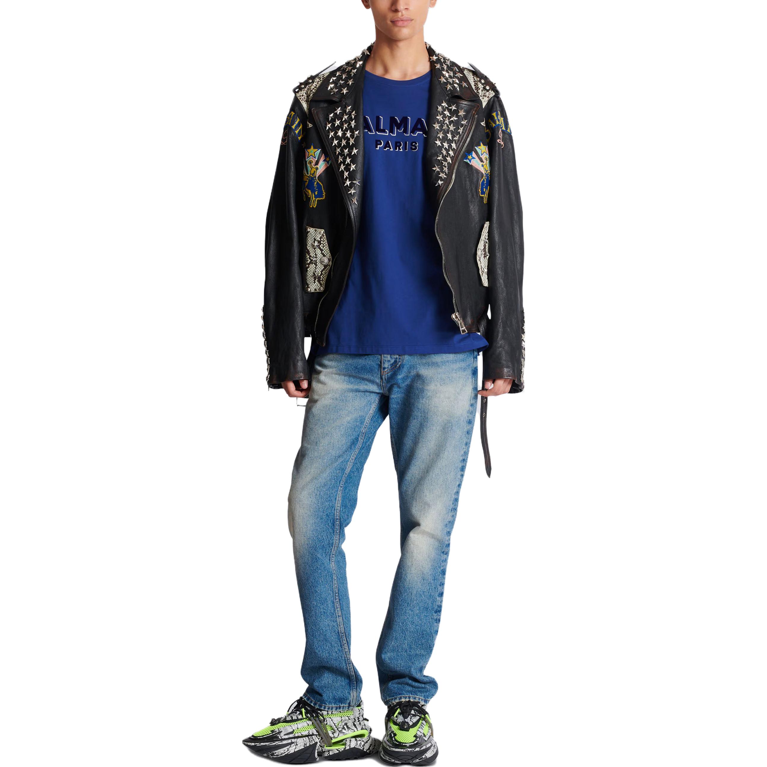 Lookbook BALMAIN Metallic Flocked Loose-Fit Logo Print T-Shirt Navy Blue for Men CH1EG010-BB99-SLK