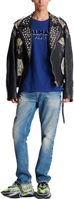 BALMAIN Metallic Flocked Loose-Fit Logo Print T-Shirt Navy Blue for Men CH1EG010-BB99-SLK Lookbook BALMAIN Metallic Flocked Loose-Fit Logo Print T-Shirt Navy Blue for Men CH1EG010-BB99-SLK