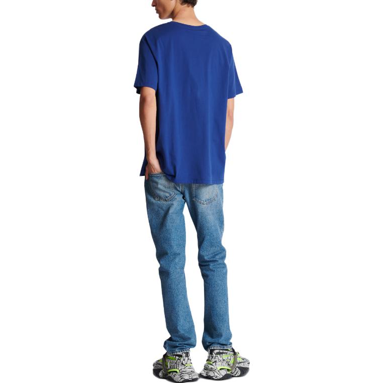 Shop BALMAIN Metallic Flocked Loose-Fit Logo Print T-Shirt Navy Blue for Men CH1EG010-BB99-SLK