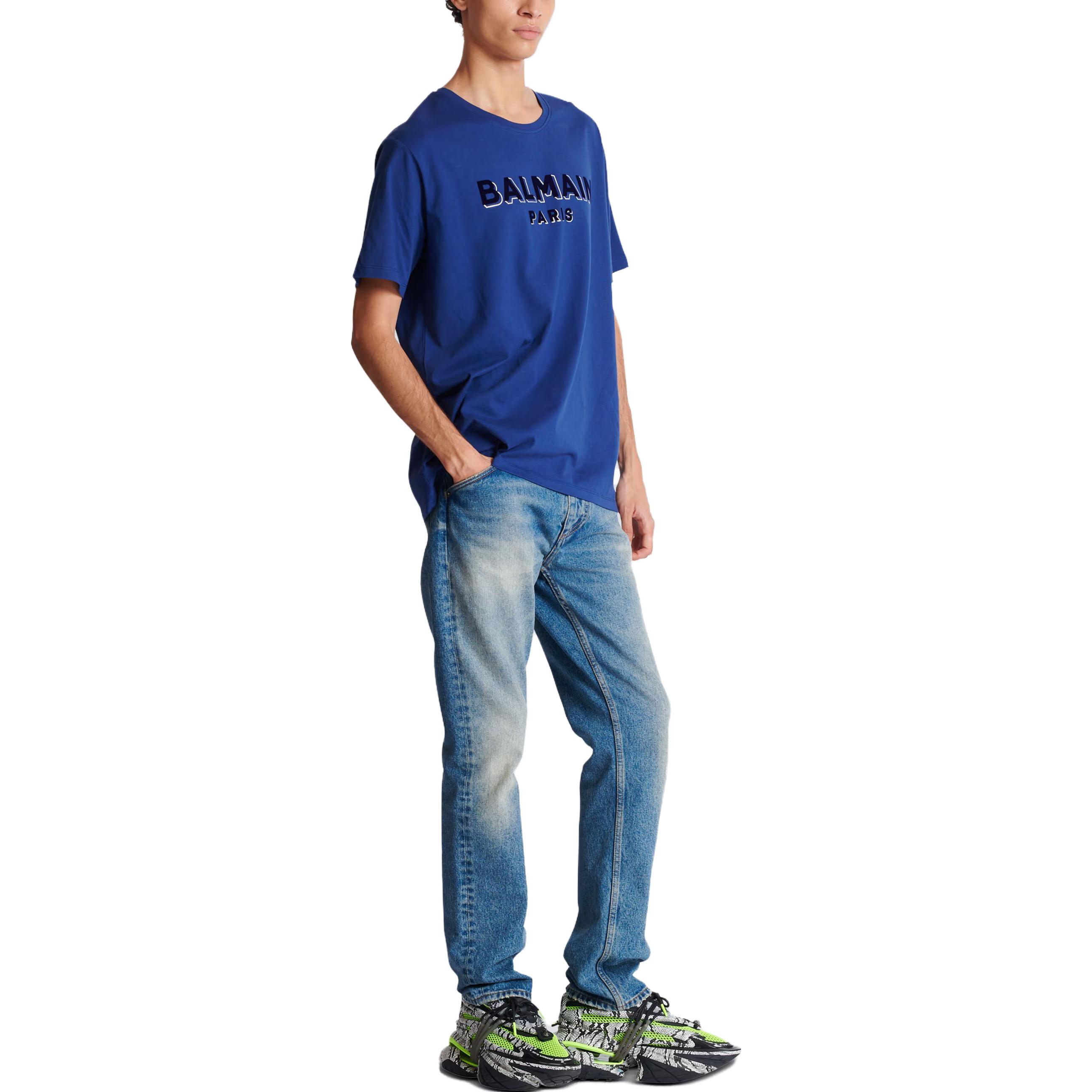 Purchase BALMAIN Metallic Flocked Loose-Fit Logo Print T-Shirt Navy Blue for Men CH1EG010-BB99-SLK