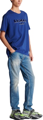 BALMAIN Metallic Flocked Loose-Fit Logo Print T-Shirt Navy Blue for Men CH1EG010-BB99-SLK Purchase BALMAIN Metallic Flocked Loose-Fit Logo Print T-Shirt Navy Blue for Men CH1EG010-BB99-SLK