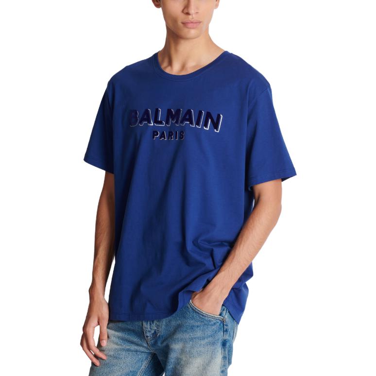 Details for BALMAIN Metallic Flocked Loose-Fit Logo Print T-Shirt Navy Blue for Men CH1EG010-BB99-SLK
