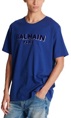 BALMAIN Metallic Flocked Loose-Fit Logo Print T-Shirt Navy Blue for Men CH1EG010-BB99-SLK Details for BALMAIN Metallic Flocked Loose-Fit Logo Print T-Shirt Navy Blue for Men CH1EG010-BB99-SLK