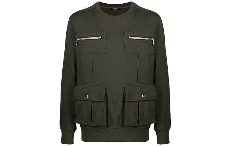 Balmain Military Green Crewneck Multi-Pocket Long Sleeve Sweatshirt VH1JQ006-J194-7UA