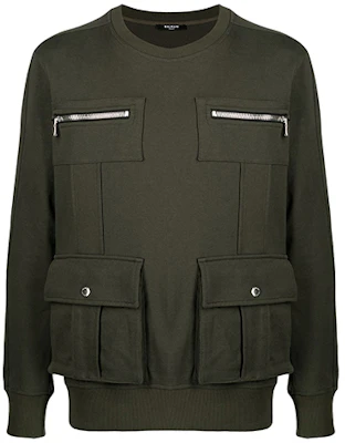 Balmain Military Green Crewneck Multi-Pocket Long Sleeve Sweatshirt VH1JQ006-J194-7UA Buy Balmain Military Green Crewneck Multi-Pocket Long Sleeve Sweatshirt VH1JQ006-J194-7UA
