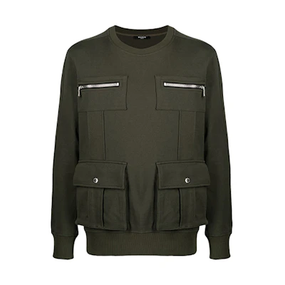 Balmain Military Green Crewneck Multi-Pocket Long Sleeve Sweatshirt VH1JQ006-J194-7UA