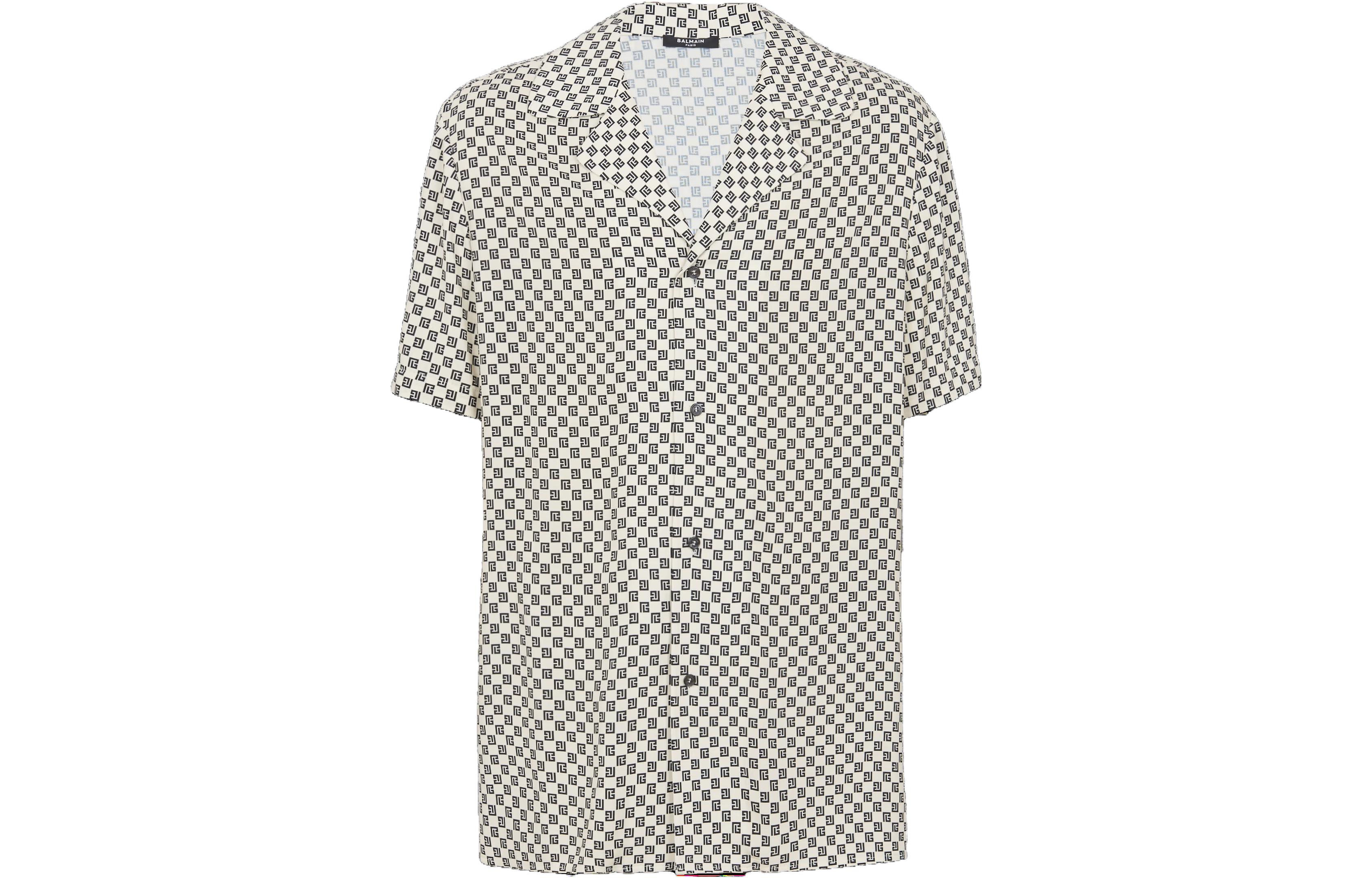 BALMAIN Mini Monogram Button-Up Short Sleeve Shirt White CH1HR095-VE29-GFE