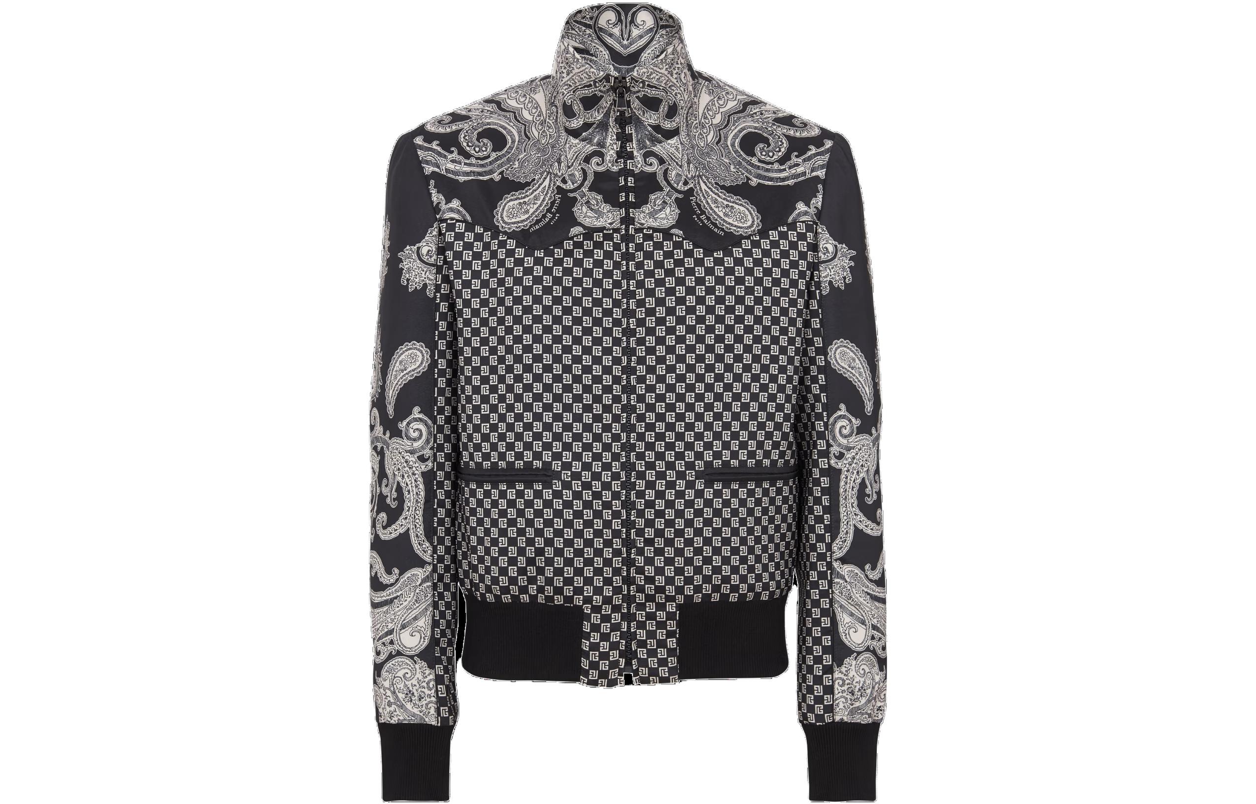 Balmain Mini Monogram Paisley Bomber Jacket Black - Printed Zip-up Outerwear CH1TF571-ME26-EDK