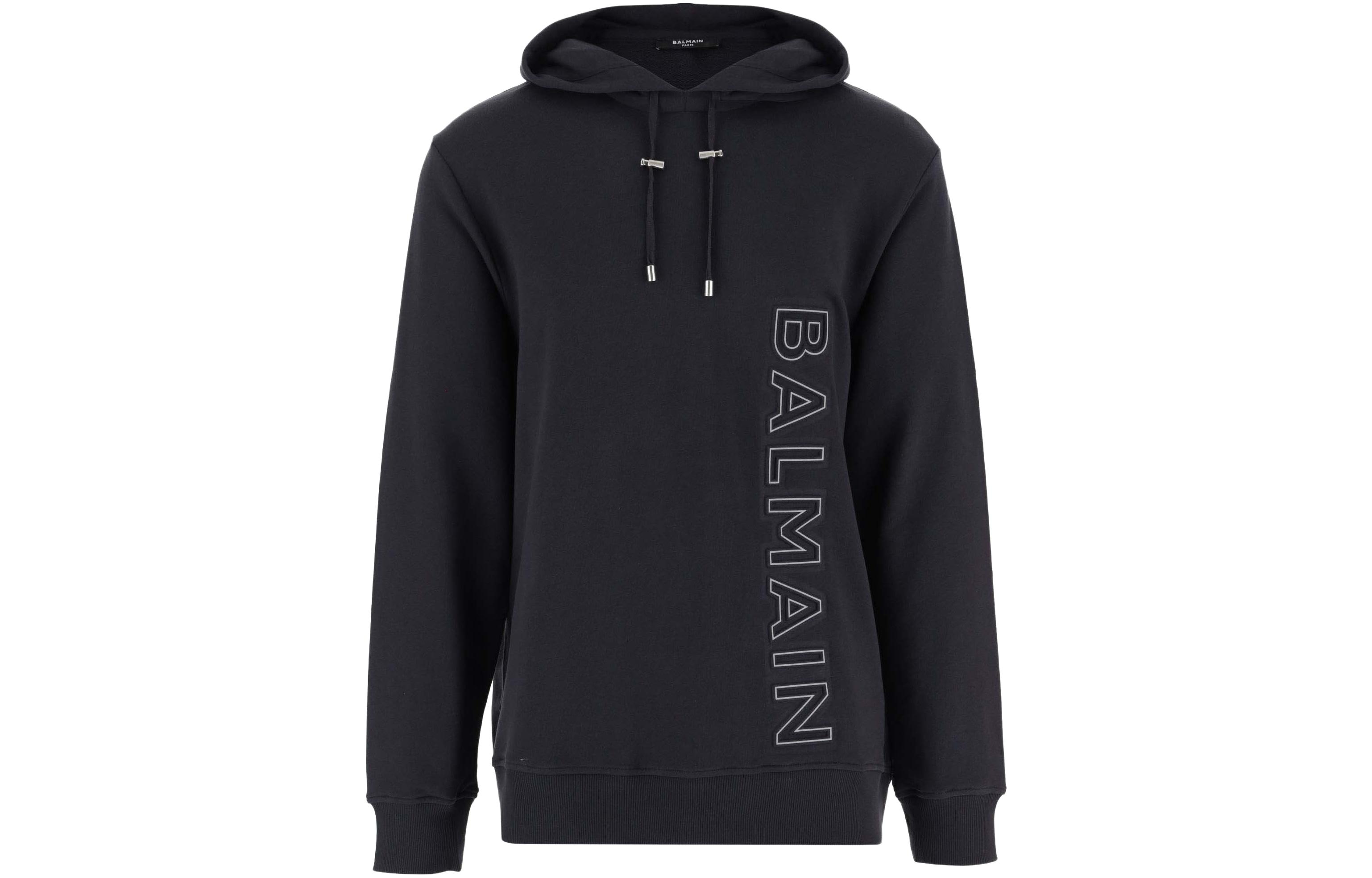Balmain Navy Blue Pullover Hoodie with Letter Print Design BH0JT046-BC22-SIZ