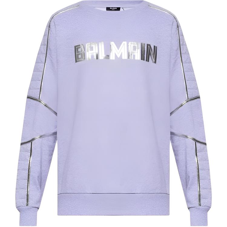 Balmain Purple Letter Stripe Print Crewneck Sweatshirt WH0JQ044B153
