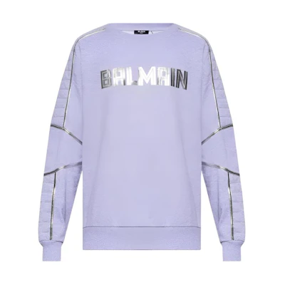Balmain Purple Letter Stripe Print Crewneck Sweatshirt WH0JQ044B153