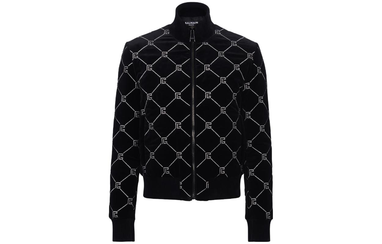 Balmain Quilted Rhinestone Bomber Jacket Black High Collar Zip-Up BH0TF453-CE47-EHV
