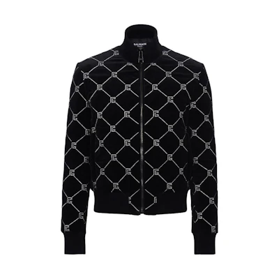 Balmain Quilted Rhinestone Bomber Jacket Black High Collar Zip-Up BH0TF453-CE47-EHV