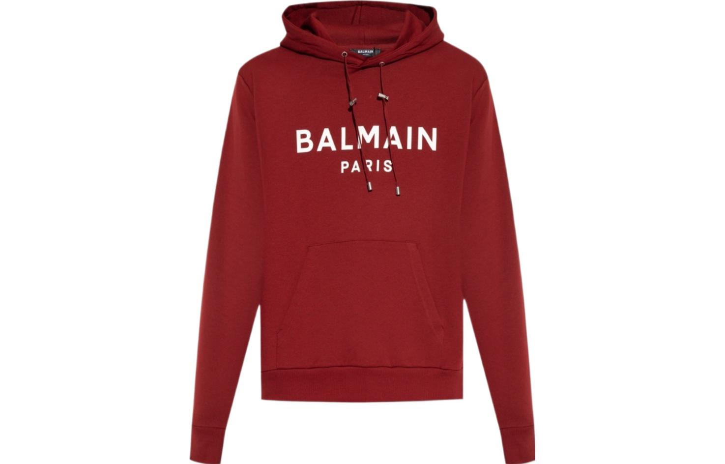 Balmain Red Hoodie with Letter Print Design BH1JR002BB65-MEB