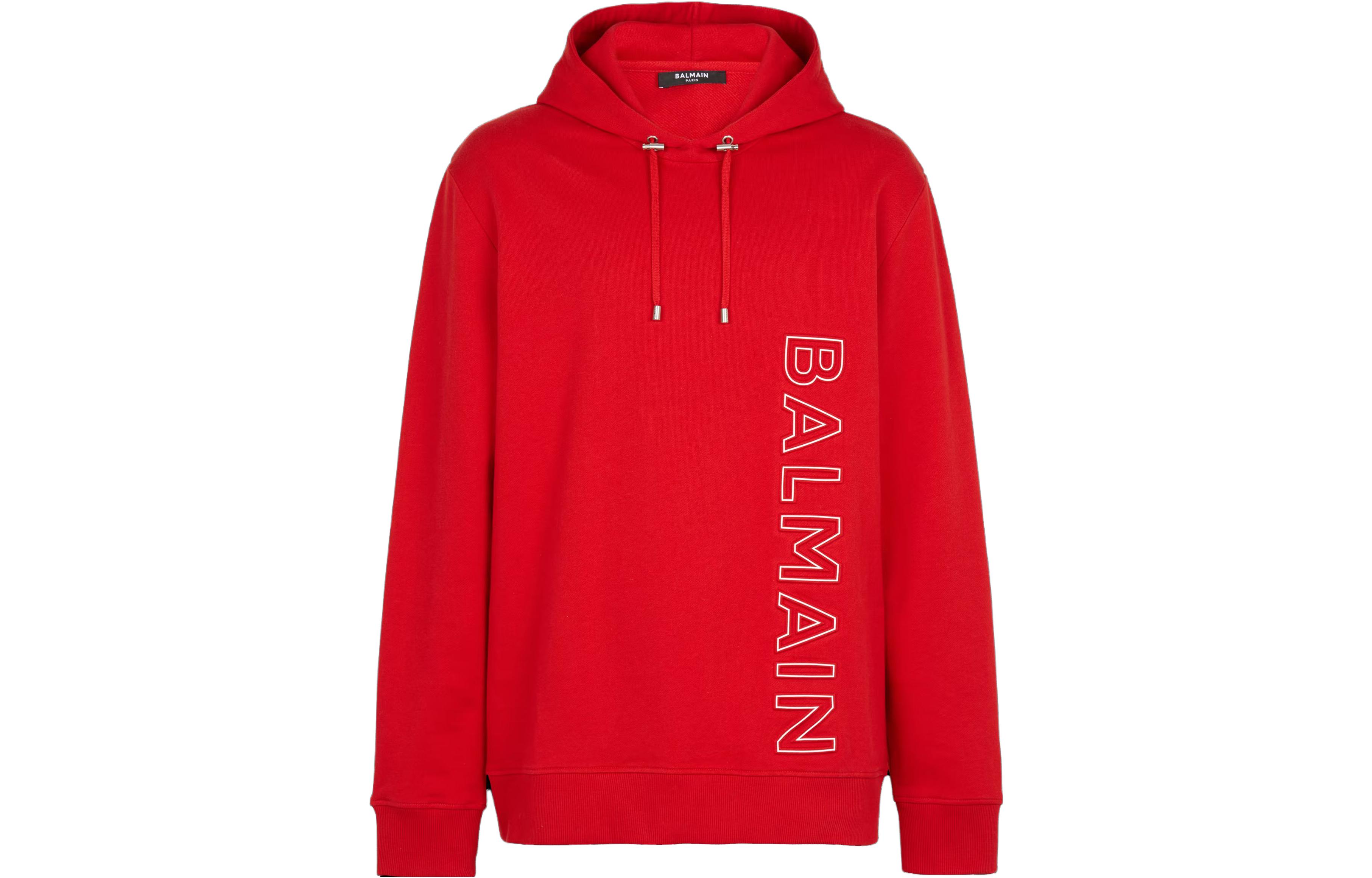 Balmain Red Letter Print Hoodie with Drawstring BH1JT046BC22-MDM
