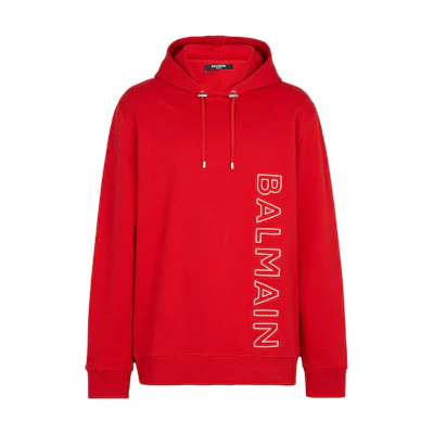 Balmain Red Letter Print Hoodie with Drawstring BH1JT046BC22-MDM