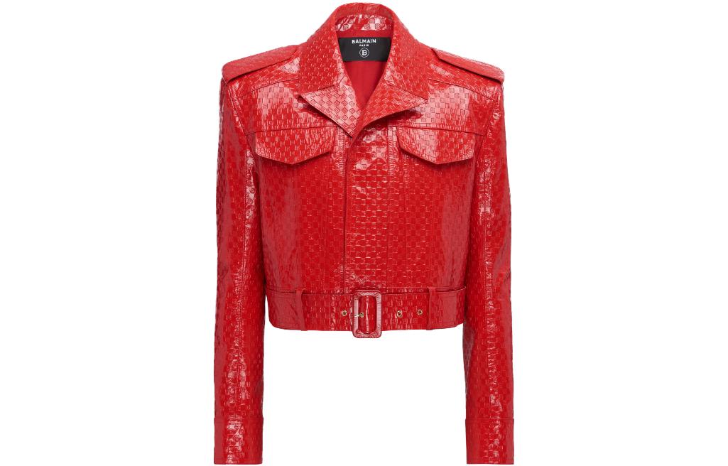 Balmain Red Patent Leather Mini Monogram Short Jacket BH0TE080-LC73-3CFF