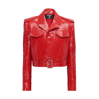 Balmain Red Patent Leather Mini Monogram Short Jacket BH0TE080-LC73-3CFF