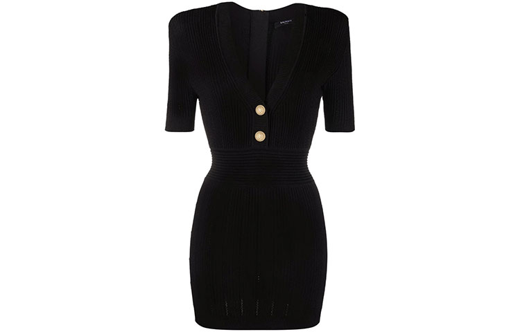 Balmain Ribbed Knit Short Sleeve A-Line Dress Black XF1R6030KB39-0PA