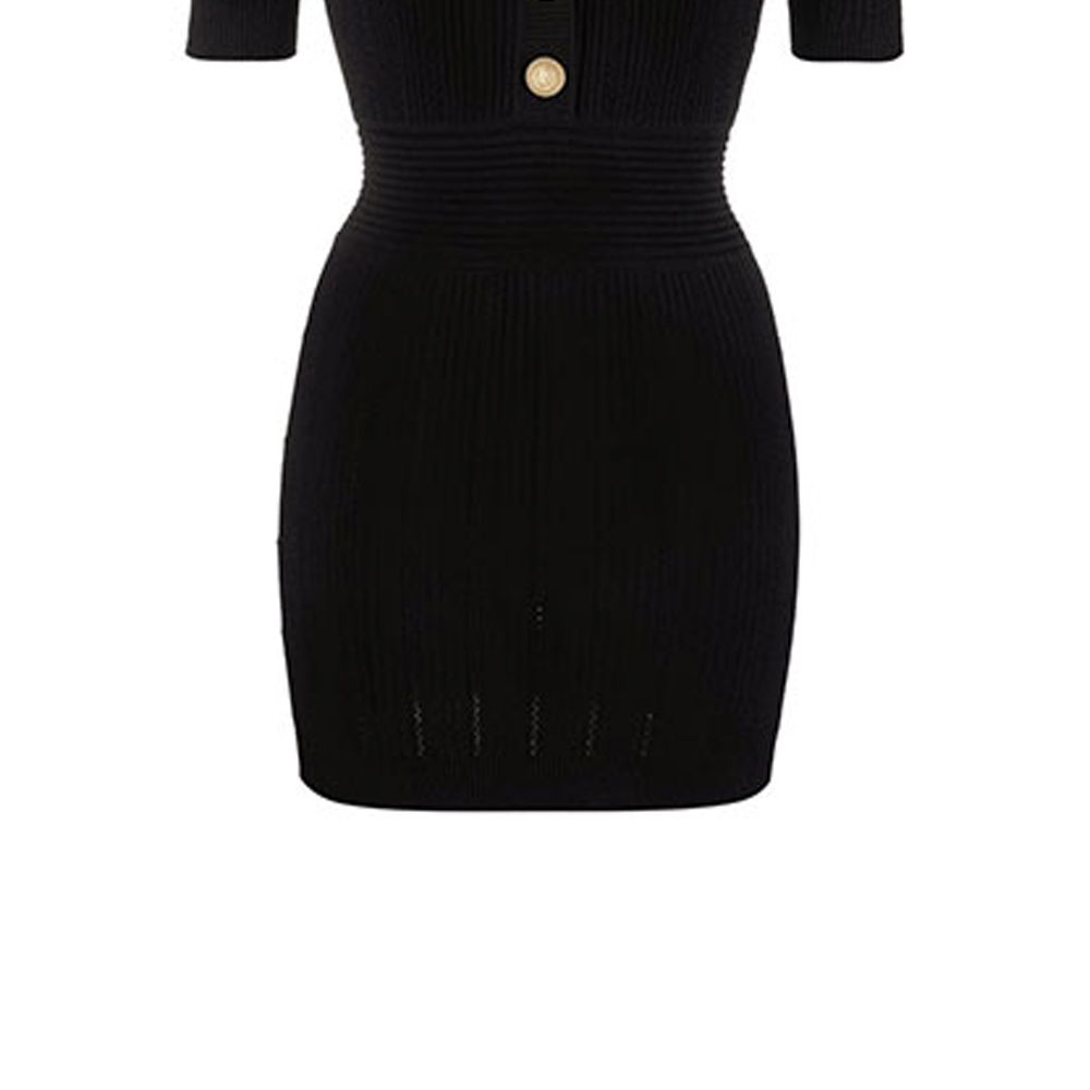 Sizing 巴尔曼黑色罗纹针织短袖A字连衣裙 XF1R6030KB39-0PA