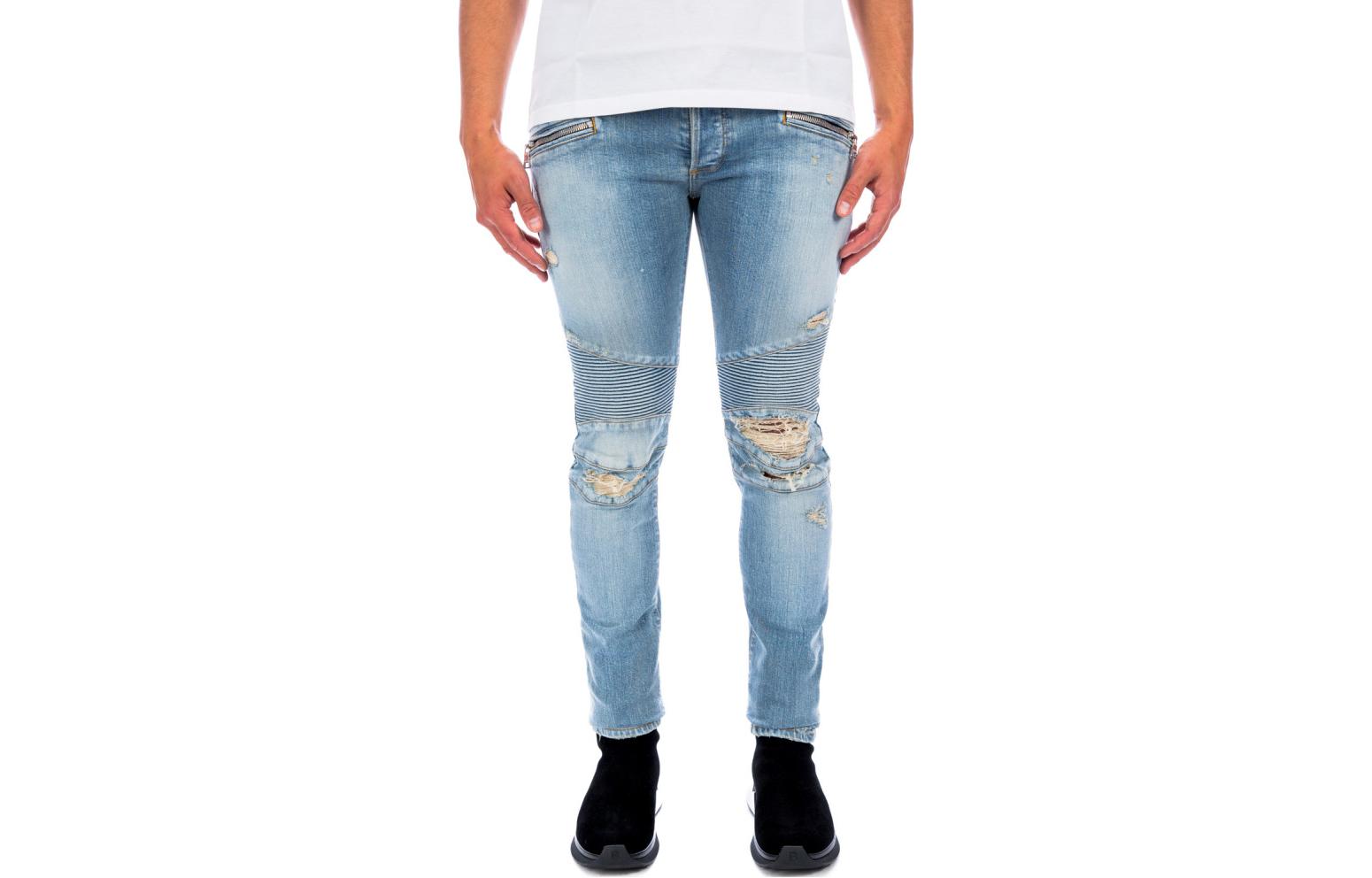 Balmain Ribbed Zipper Skinny Jeans Men’s Blue UH15130Z031-6AA