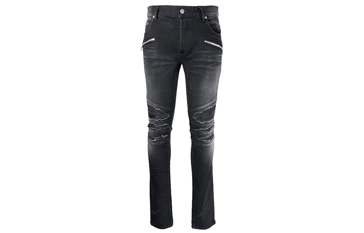 BALMAIN Slim Fit Distressed Button Pocket Jeans - Black. WH1MG010-146D-0PC