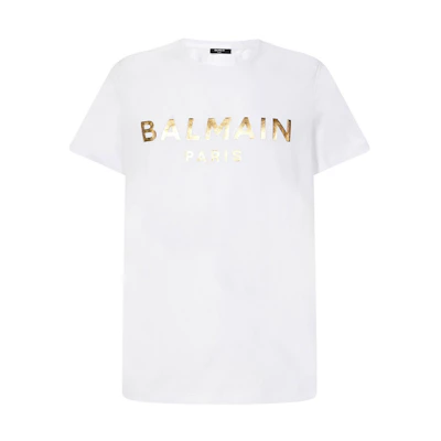 BALMAIN SS21 Metallic Logo Print Short Sleeve T-Shirt White XH1EF000BB29GAD