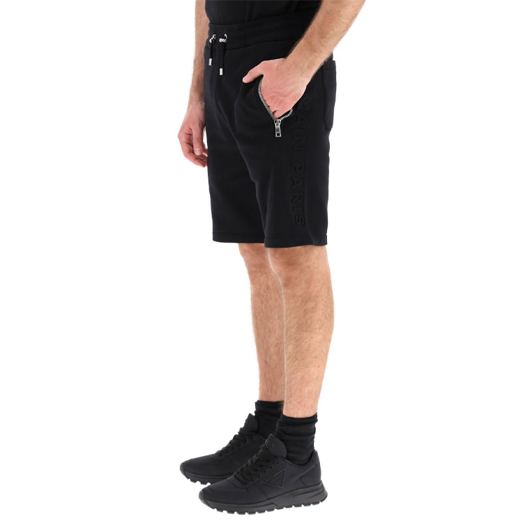 Sizing 발망 SS21 블랙 솔리드 코튼 드로스트링 쇼츠 캐주얼웨어. VH0OA000-B072-0PA